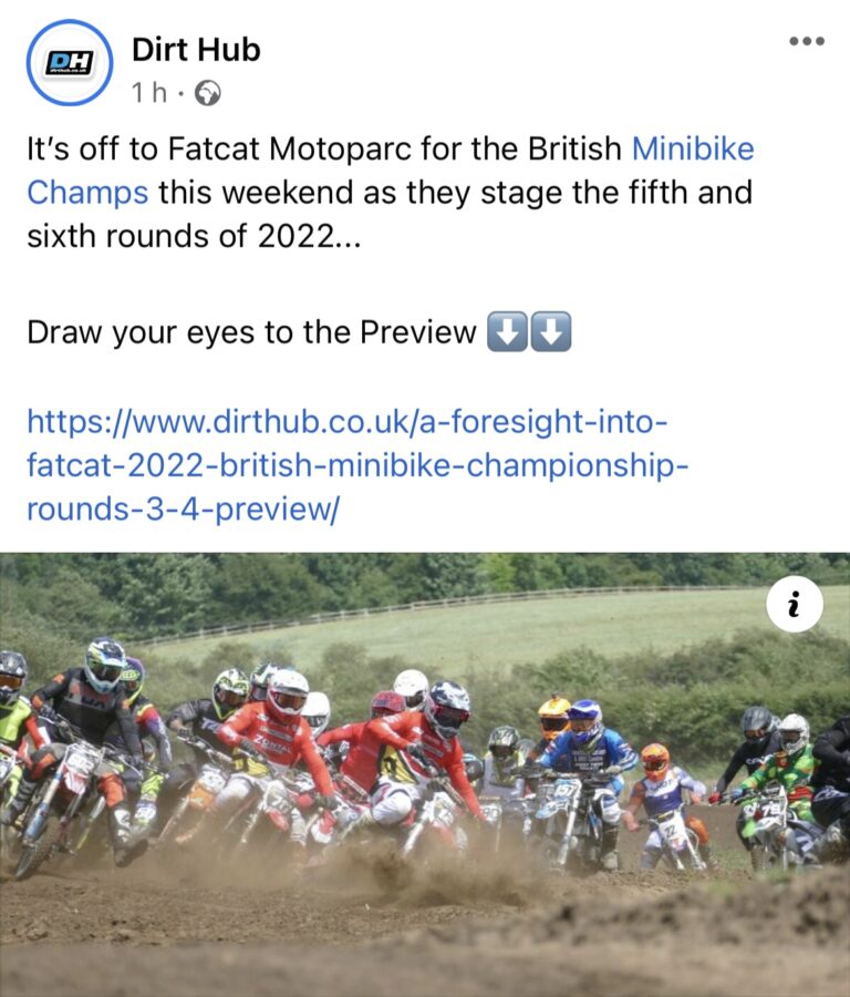 Dirt Hub preview for this weekend at FatcatMotoparc 23rd/23th July rounds 5 & 6 Minibike British Championship